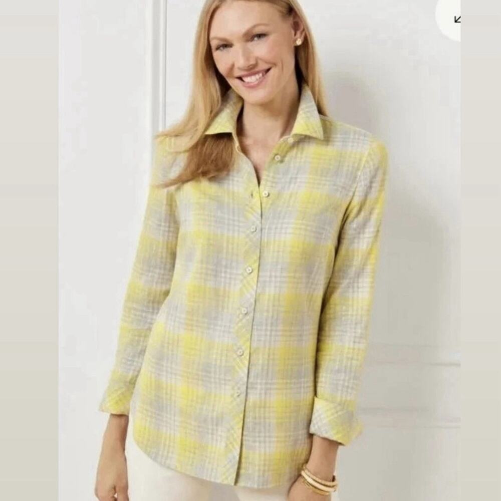 NWT Talbots Button Front Shirt Plaid Yellow Gold Metallic L Petite Coastal Indie